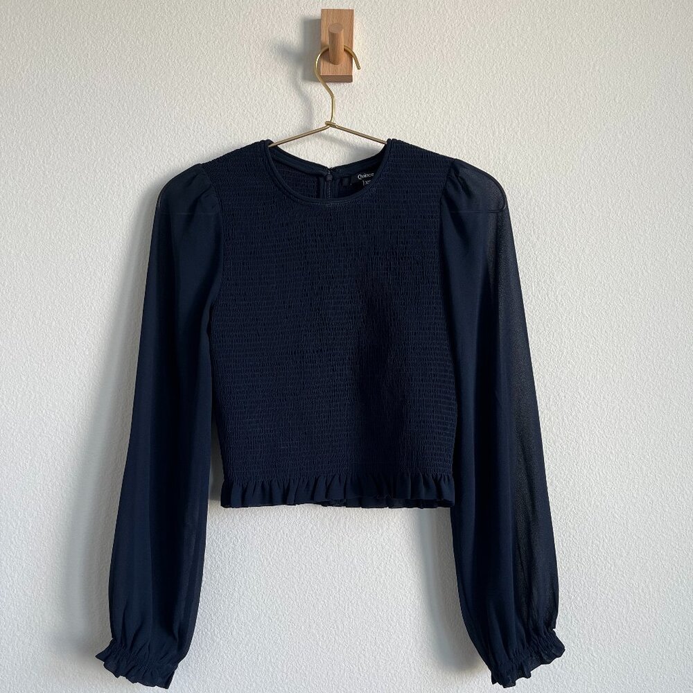Quince Sheer Cropped Whimsigoth Smocked Blouse in Navy Blue - Size XS